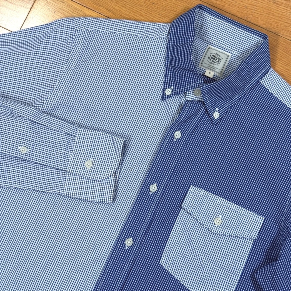 J.PRESS Small Gingham Patchwork‎ Button Down Sport Shirt Blue White Long Sleeve